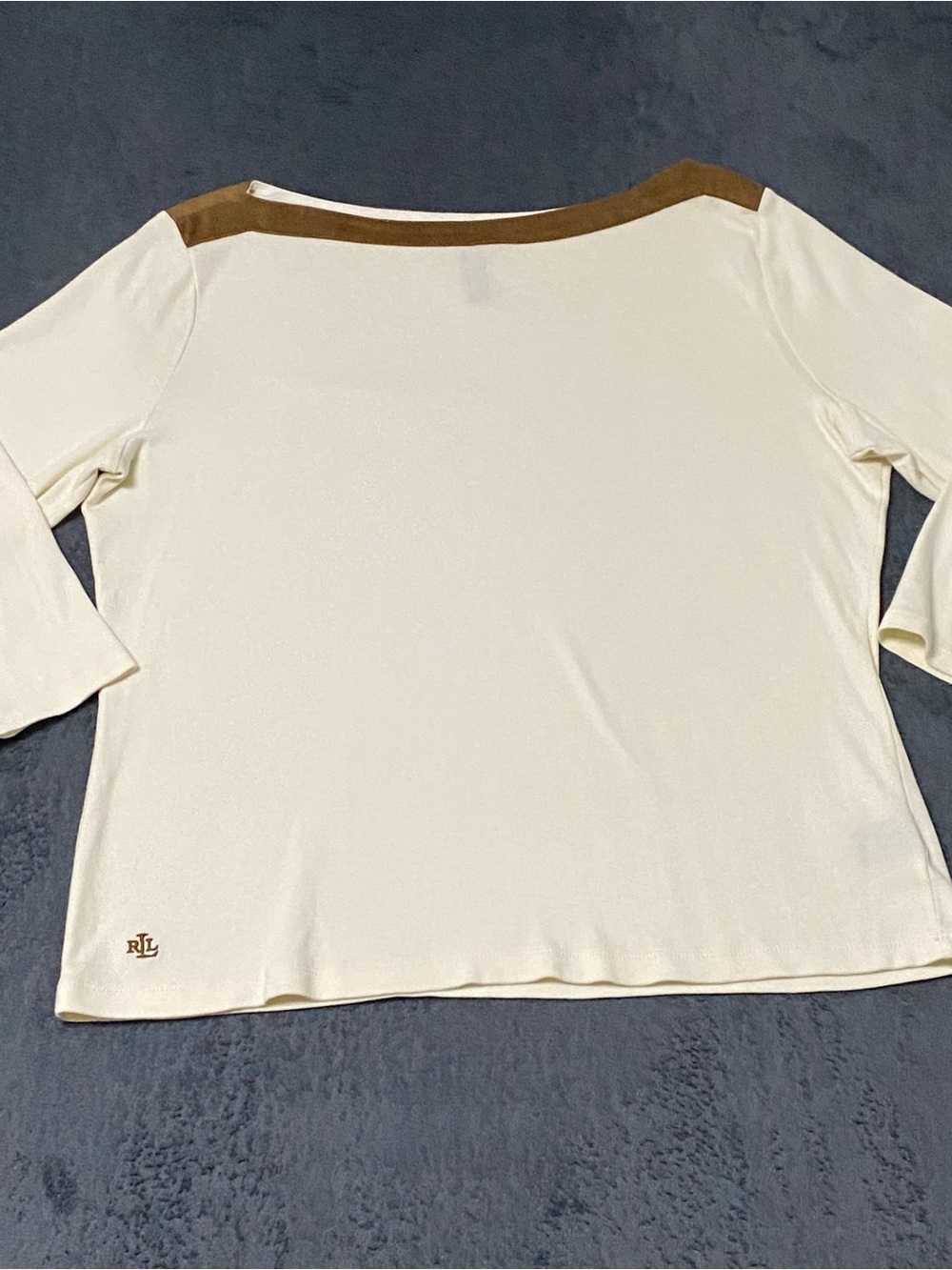 Lauren Ralph Lauren Shirt Womens XL Cream Brown Boat Neck 1/4 Sleeve Casual Top